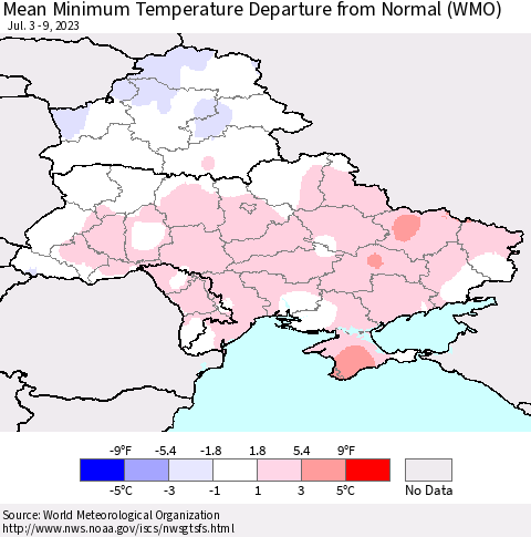 Ukraine, Moldova and Belarus Mean Minimum Temperature Departure from Normal (WMO) Thematic Map For 7/3/2023 - 7/9/2023