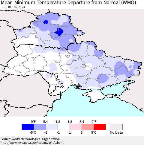 Ukraine, Moldova and Belarus Mean Minimum Temperature Departure from Normal (WMO) Thematic Map For 7/10/2023 - 7/16/2023