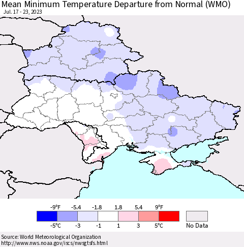 Ukraine, Moldova and Belarus Mean Minimum Temperature Departure from Normal (WMO) Thematic Map For 7/17/2023 - 7/23/2023