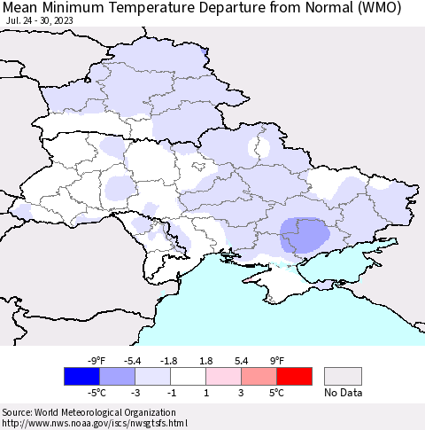 Ukraine, Moldova and Belarus Mean Minimum Temperature Departure from Normal (WMO) Thematic Map For 7/24/2023 - 7/30/2023