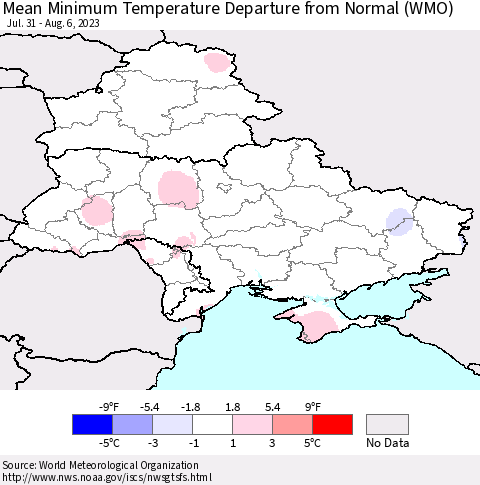 Ukraine, Moldova and Belarus Mean Minimum Temperature Departure from Normal (WMO) Thematic Map For 7/31/2023 - 8/6/2023