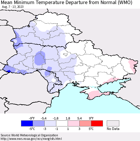 Ukraine, Moldova and Belarus Mean Minimum Temperature Departure from Normal (WMO) Thematic Map For 8/7/2023 - 8/13/2023