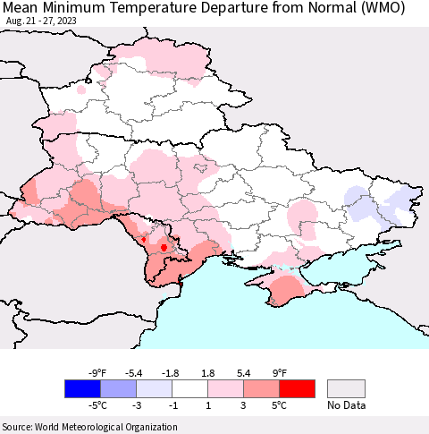 Ukraine, Moldova and Belarus Mean Minimum Temperature Departure from Normal (WMO) Thematic Map For 8/21/2023 - 8/27/2023