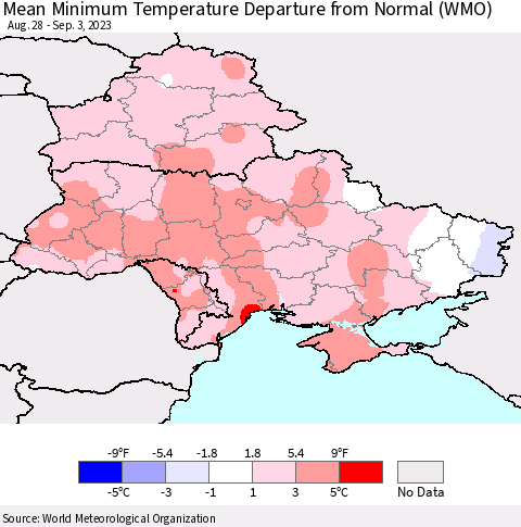 Ukraine, Moldova and Belarus Mean Minimum Temperature Departure from Normal (WMO) Thematic Map For 8/28/2023 - 9/3/2023