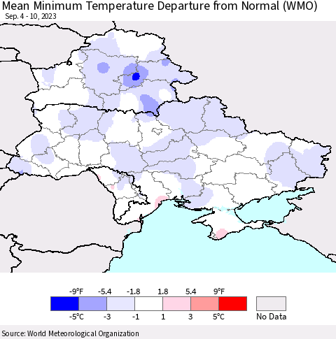 Ukraine, Moldova and Belarus Mean Minimum Temperature Departure from Normal (WMO) Thematic Map For 9/4/2023 - 9/10/2023