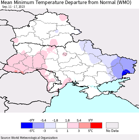 Ukraine, Moldova and Belarus Mean Minimum Temperature Departure from Normal (WMO) Thematic Map For 9/11/2023 - 9/17/2023
