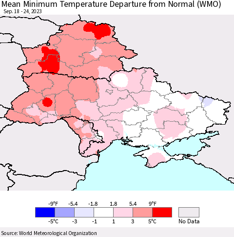 Ukraine, Moldova and Belarus Mean Minimum Temperature Departure from Normal (WMO) Thematic Map For 9/18/2023 - 9/24/2023