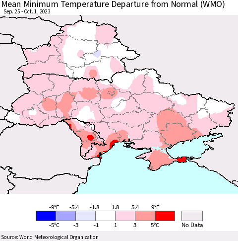 Ukraine, Moldova and Belarus Mean Minimum Temperature Departure from Normal (WMO) Thematic Map For 9/25/2023 - 10/1/2023