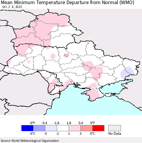 Ukraine, Moldova and Belarus Mean Minimum Temperature Departure from Normal (WMO) Thematic Map For 10/2/2023 - 10/8/2023