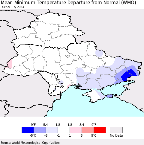 Ukraine, Moldova and Belarus Mean Minimum Temperature Departure from Normal (WMO) Thematic Map For 10/9/2023 - 10/15/2023
