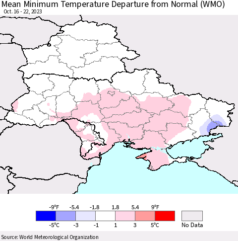 Ukraine, Moldova and Belarus Mean Minimum Temperature Departure from Normal (WMO) Thematic Map For 10/16/2023 - 10/22/2023
