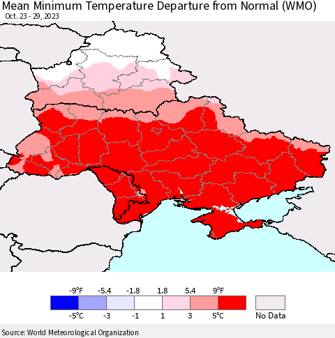 Ukraine, Moldova and Belarus Mean Minimum Temperature Departure from Normal (WMO) Thematic Map For 10/23/2023 - 10/29/2023