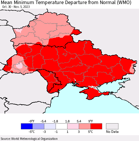 Ukraine, Moldova and Belarus Mean Minimum Temperature Departure from Normal (WMO) Thematic Map For 10/30/2023 - 11/5/2023