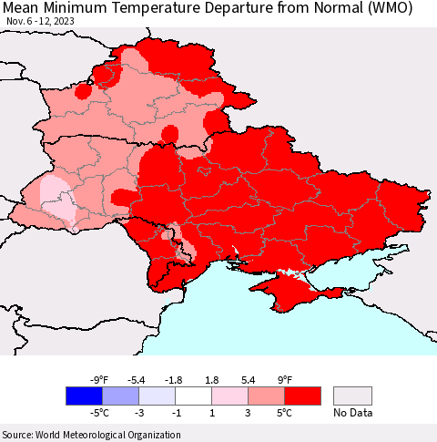 Ukraine, Moldova and Belarus Mean Minimum Temperature Departure from Normal (WMO) Thematic Map For 11/6/2023 - 11/12/2023