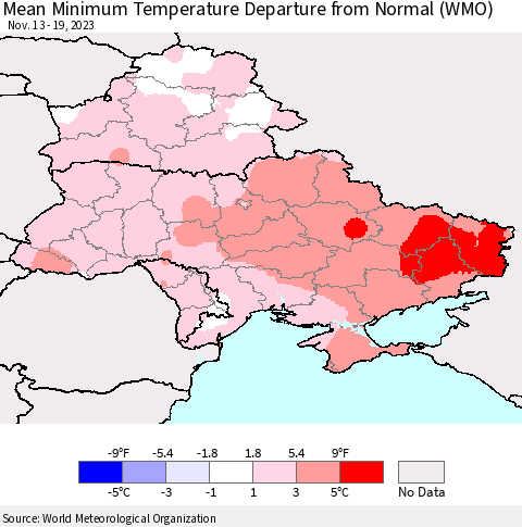 Ukraine, Moldova and Belarus Mean Minimum Temperature Departure from Normal (WMO) Thematic Map For 11/13/2023 - 11/19/2023