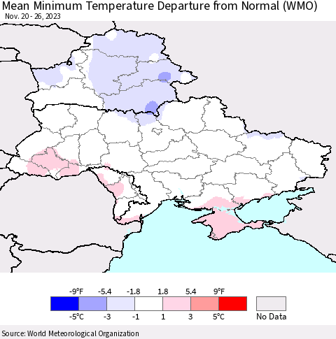 Ukraine, Moldova and Belarus Mean Minimum Temperature Departure from Normal (WMO) Thematic Map For 11/20/2023 - 11/26/2023