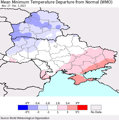 Ukraine, Moldova and Belarus Mean Minimum Temperature Departure from Normal (WMO) Thematic Map For 11/27/2023 - 12/3/2023