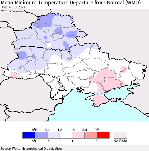 Ukraine, Moldova and Belarus Mean Minimum Temperature Departure from Normal (WMO) Thematic Map For 12/4/2023 - 12/10/2023
