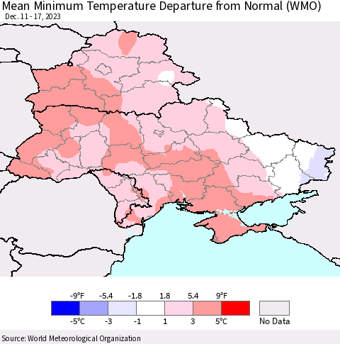 Ukraine, Moldova and Belarus Mean Minimum Temperature Departure from Normal (WMO) Thematic Map For 12/11/2023 - 12/17/2023