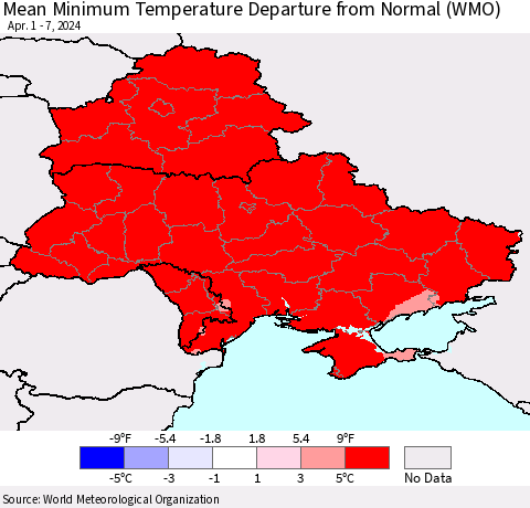 Ukraine, Moldova and Belarus Mean Minimum Temperature Departure from Normal (WMO) Thematic Map For 4/1/2024 - 4/7/2024