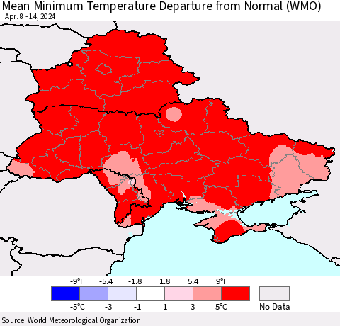 Ukraine, Moldova and Belarus Mean Minimum Temperature Departure from Normal (WMO) Thematic Map For 4/8/2024 - 4/14/2024