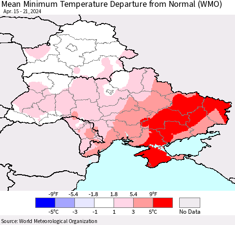 Ukraine, Moldova and Belarus Mean Minimum Temperature Departure from Normal (WMO) Thematic Map For 4/15/2024 - 4/21/2024