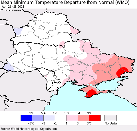 Ukraine, Moldova and Belarus Mean Minimum Temperature Departure from Normal (WMO) Thematic Map For 4/22/2024 - 4/28/2024