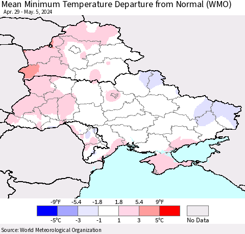 Ukraine, Moldova and Belarus Mean Minimum Temperature Departure from Normal (WMO) Thematic Map For 4/29/2024 - 5/5/2024