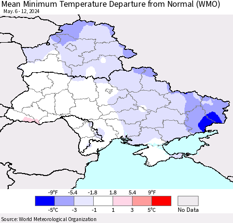Ukraine, Moldova and Belarus Mean Minimum Temperature Departure from Normal (WMO) Thematic Map For 5/6/2024 - 5/12/2024