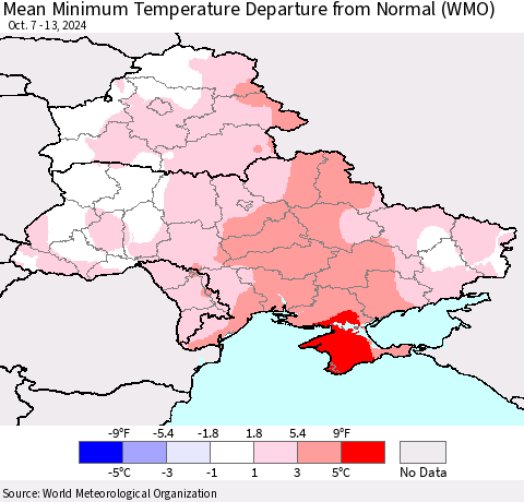 Ukraine, Moldova and Belarus Mean Minimum Temperature Departure from Normal (WMO) Thematic Map For 10/7/2024 - 10/13/2024