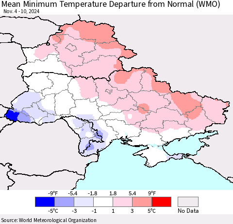 Ukraine, Moldova and Belarus Mean Minimum Temperature Departure from Normal (WMO) Thematic Map For 11/4/2024 - 11/10/2024