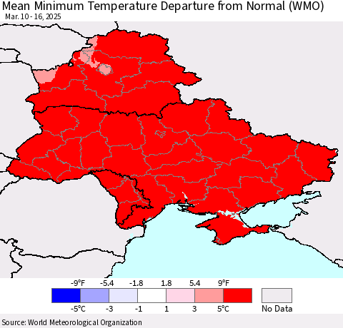 Ukraine, Moldova and Belarus Mean Minimum Temperature Departure from Normal (WMO) Thematic Map For 3/10/2025 - 3/16/2025
