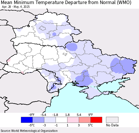 Ukraine, Moldova and Belarus Mean Minimum Temperature Departure from Normal (WMO) Thematic Map For 4/28/2025 - 5/4/2025