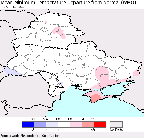 Ukraine, Moldova and Belarus Mean Minimum Temperature Departure from Normal (WMO) Thematic Map For 6/9/2025 - 6/15/2025