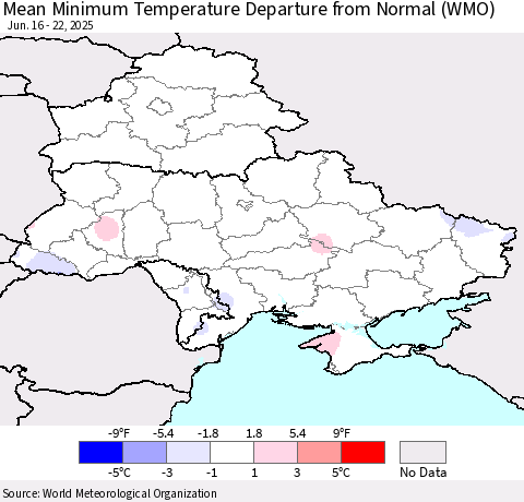 Ukraine, Moldova and Belarus Mean Minimum Temperature Departure from Normal (WMO) Thematic Map For 6/16/2025 - 6/22/2025