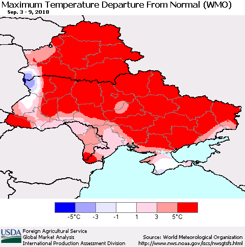 Ukraine, Moldova and Belarus Maximum Temperature Departure From Normal (WMO) Thematic Map For 9/3/2018 - 9/9/2018