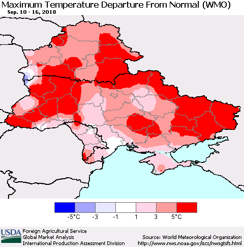 Ukraine, Moldova and Belarus Maximum Temperature Departure From Normal (WMO) Thematic Map For 9/10/2018 - 9/16/2018