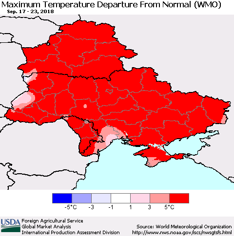 Ukraine, Moldova and Belarus Maximum Temperature Departure From Normal (WMO) Thematic Map For 9/17/2018 - 9/23/2018