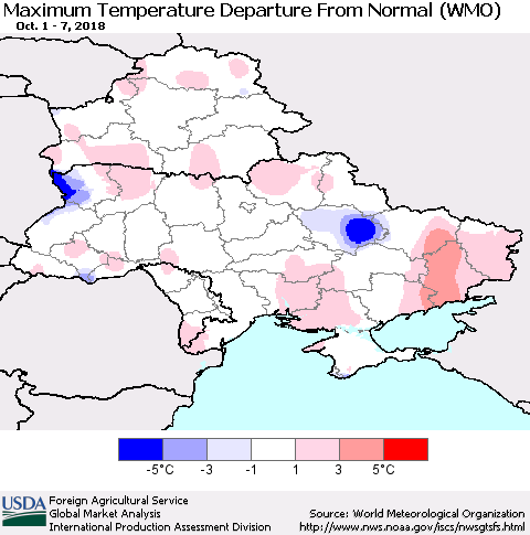 Ukraine, Moldova and Belarus Mean Maximum Temperature Departure from Normal (WMO) Thematic Map For 10/1/2018 - 10/7/2018