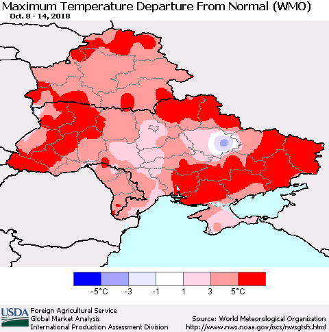 Ukraine, Moldova and Belarus Maximum Temperature Departure From Normal (WMO) Thematic Map For 10/8/2018 - 10/14/2018