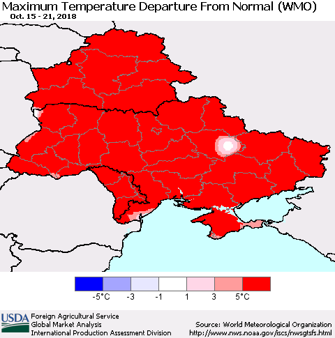 Ukraine, Moldova and Belarus Maximum Temperature Departure From Normal (WMO) Thematic Map For 10/15/2018 - 10/21/2018