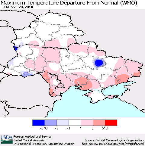 Ukraine, Moldova and Belarus Maximum Temperature Departure From Normal (WMO) Thematic Map For 10/22/2018 - 10/28/2018