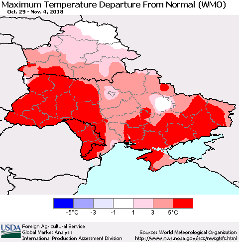 Ukraine, Moldova and Belarus Maximum Temperature Departure From Normal (WMO) Thematic Map For 10/29/2018 - 11/4/2018