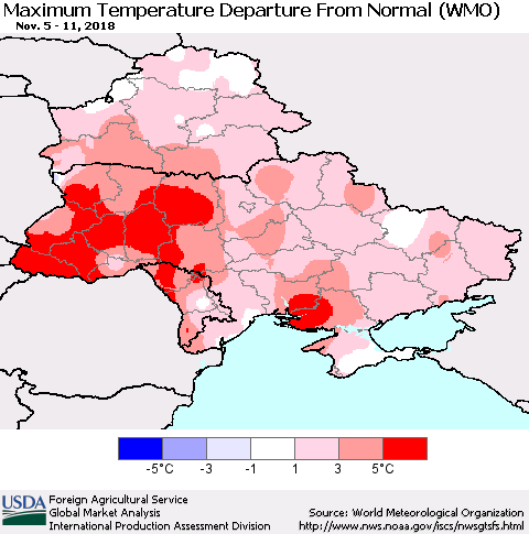 Ukraine, Moldova and Belarus Maximum Temperature Departure From Normal (WMO) Thematic Map For 11/5/2018 - 11/11/2018