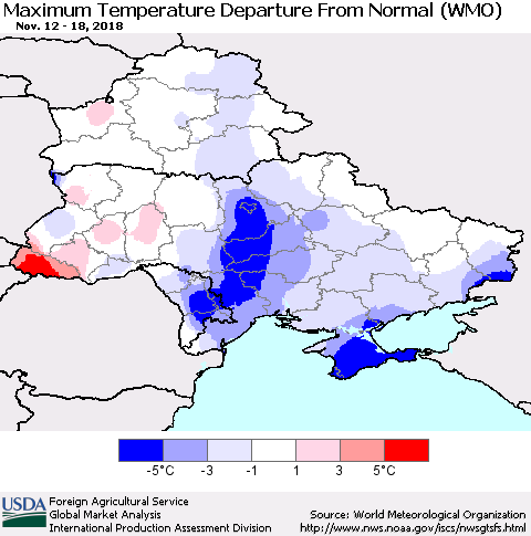 Ukraine, Moldova and Belarus Mean Maximum Temperature Departure from Normal (WMO) Thematic Map For 11/12/2018 - 11/18/2018