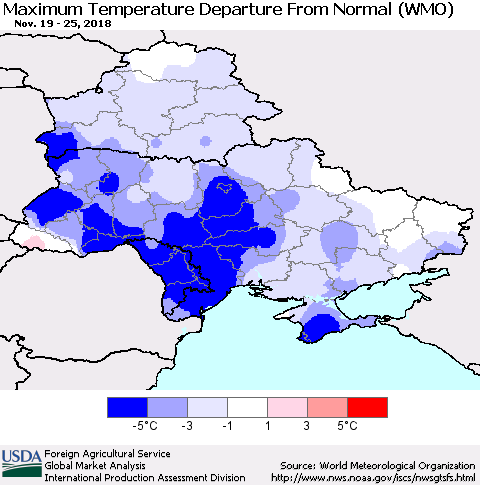 Ukraine, Moldova and Belarus Maximum Temperature Departure From Normal (WMO) Thematic Map For 11/19/2018 - 11/25/2018