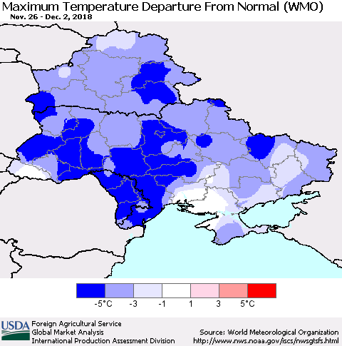 Ukraine, Moldova and Belarus Maximum Temperature Departure From Normal (WMO) Thematic Map For 11/26/2018 - 12/2/2018