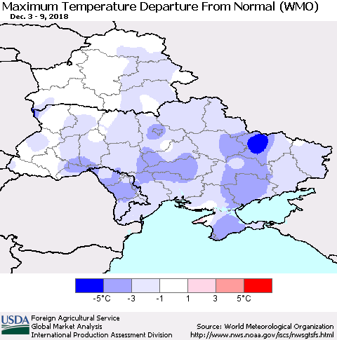 Ukraine, Moldova and Belarus Maximum Temperature Departure From Normal (WMO) Thematic Map For 12/3/2018 - 12/9/2018