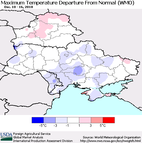 Ukraine, Moldova and Belarus Mean Maximum Temperature Departure from Normal (WMO) Thematic Map For 12/10/2018 - 12/16/2018