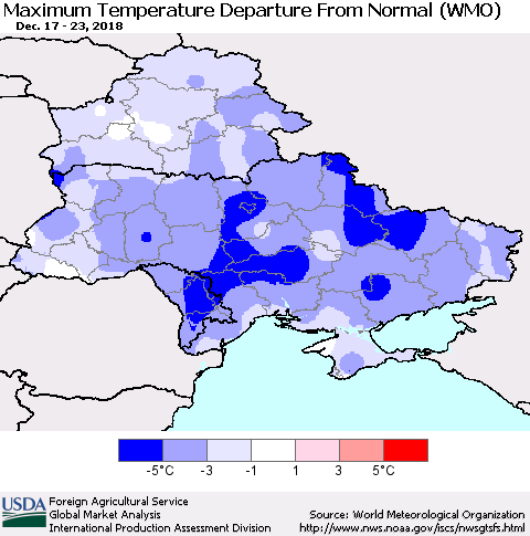 Ukraine, Moldova and Belarus Maximum Temperature Departure From Normal (WMO) Thematic Map For 12/17/2018 - 12/23/2018